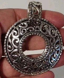 Silvertone Filigree Floral Round Pendant 2" Tall Heavy - Picture 1 of 8