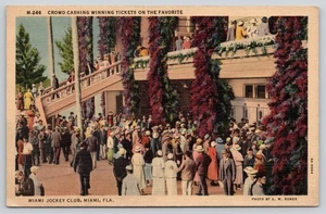 Postal de lino de colección Miami Jockey Club carreras de caballos multitud Florida - Imagen 1 de 2
