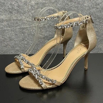 珠宝 Badgley Mischka 凉鞋 10 金闪光水钻踝带派对高跟鞋 — 第 1/4 张图片