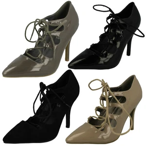 SALE Ladies Anne Michelle F9R890 Lace Up Detail Black Patent Stiletto Court Shoe - Picture 1 of 36