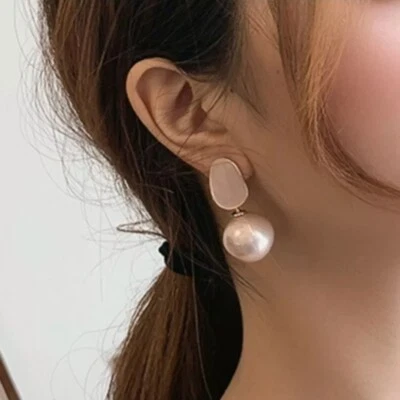 Women 925 Sterling Silver Earring Stud Retro French Style Super Large Pink Pearl - Image 1 of 4