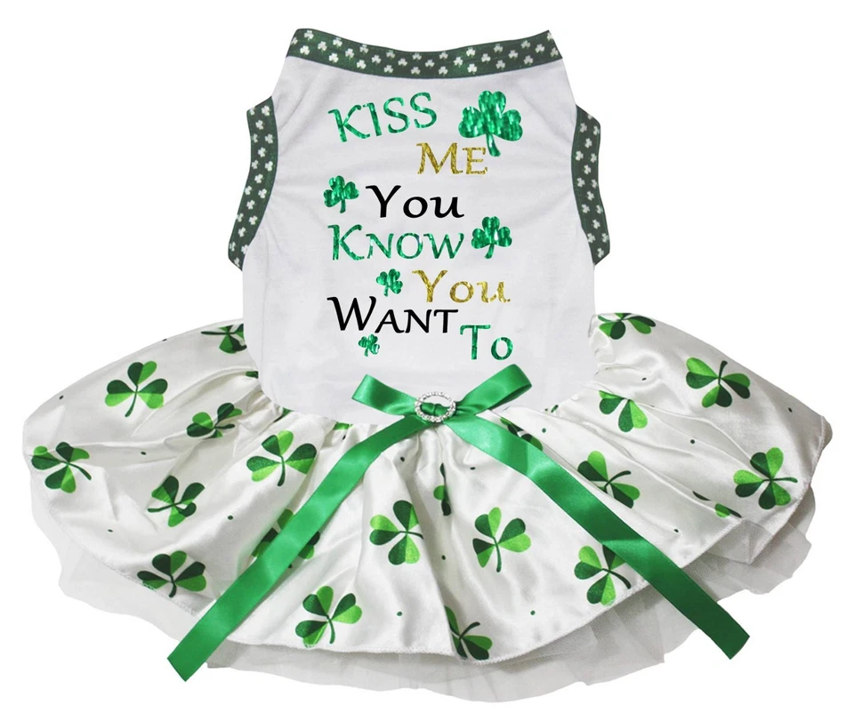 Kiss Me You Know You Want To White Top Clover Tutu Pet Dog Puppy Dress - Image 1 of 1