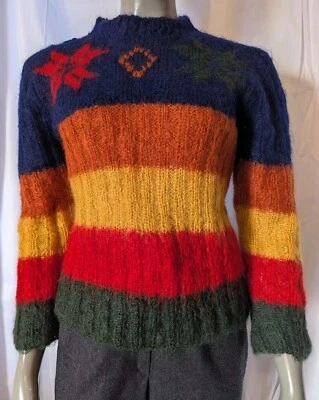 VTG 50s Hewlett Mills Hand Knit Italy Wool Mohair Striped Snowflake Sweater S/M - Image 1 of 4