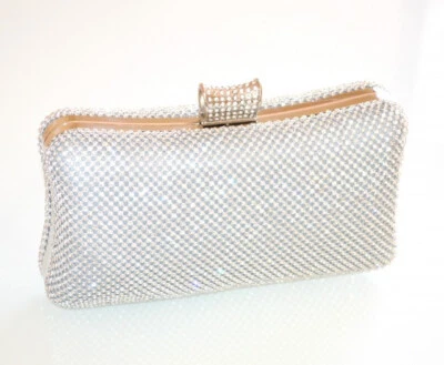 Pochette femme argentée clutch bag rigide strass sac cérémonie mariage UH40 - Photo 1/4