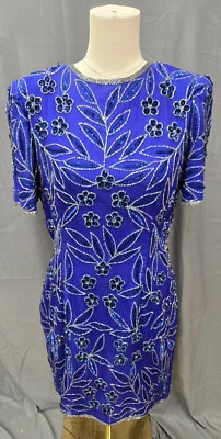 Vintage 90s Royal Blue Sequin Midi Dress Beaded Silk Bodycon Size L Womens — 第 1/4 张图片