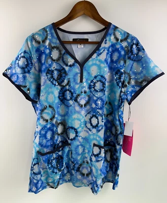 Koi Lite Women Eve 2-Pocket Y Neck Firework Tie Dye Foil Scrub Top  Blue M  NWT - Image 1 of 4