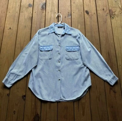 Lemon Grass Mujer M Blanco Azul Vaqueros Rayas y Estrella Botón Manga Larga Top Foto 1 de 4