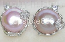 natural 14mm purple Freshwater pearls Earrings Platinum Plated Stud