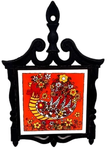VTG Cast Iron Tile Trivet Rooster Chicken Orange Floral Farmhouse Kitsch Wall 9" - Picture 1 of 8