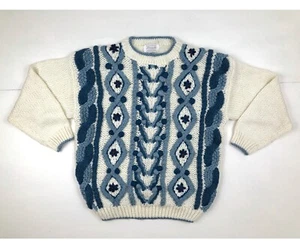 Vintage Blue White Sweater 1970s Textured Pom Pom Flowers Crew Neck Size Medium - Picture 1 of 4