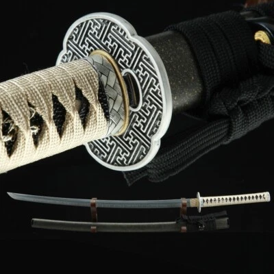Cream Yellow Handmade Katana Clay Tempered T10 Steel  Hamon Sharp edge Swords - Image 1 of 4