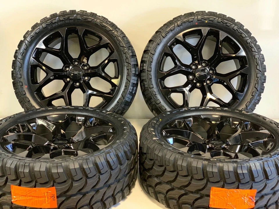 24" BLACK WHEELS W/MUD TIRES 33125024/35125024 FOR GM CHEVY ESCALADE RAM 6X139 - Image 1 of 2