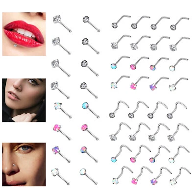 16-24Pcs Nose Rings Studs Surgical Steel Gem Opal Screw L Bend Bone Stud Set 20G - Image 1 of 4