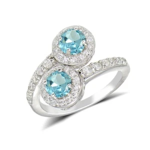 Simulated Aquamarine and Cubic Zirconia Round-cut Halo Friendship Ring - Picture 1 of 4