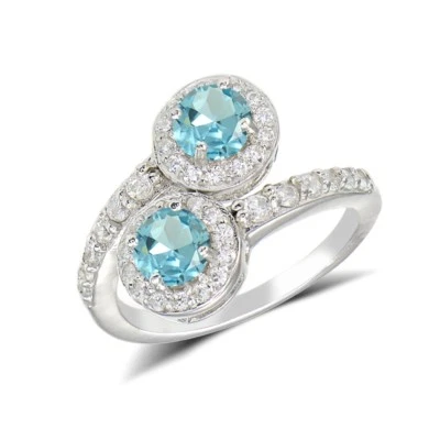 Simulierte Aquamarin Und Cubic Zirkonia Rundgeschliffen Halo Freundschaft Ring - Bild 1 von 4