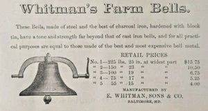Baltimore Maryland Vintage Print Ad Antique WHITMAN'S FARM BELLS 1882  - Picture 1 of 2