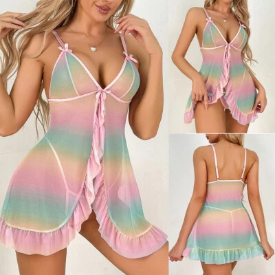 Sexy-Lencería Babydoll Vestido Camisón Ropa Interior Prendas para dormir Conjunto de tanga para mujer Foto 1 de 4