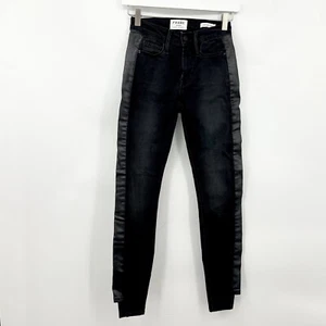 FRAME Le Skinny SS Coated Duco Denim Jeans Tuxedo Stripe Side Zip Black Size 24 - Picture 1 of 8