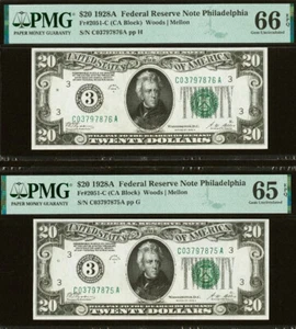2 Consecutive 1928A $20 FRN Philadelphia PMG 66EPQ rare Gem 2nd finest Fr 2051-C - Picture 1 of 6