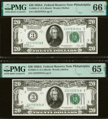 2 Consecutive 1928A $20 FRN Philadelphia PMG 66EPQ rare Gem 2nd finest Fr 2051-C - Image 1 of 4