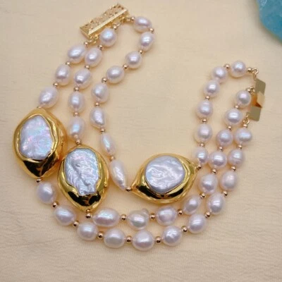 Brazalete de perlas Keshi blancas barrocas cultivadas de 8"" 3 hilos Foto 1 de 4