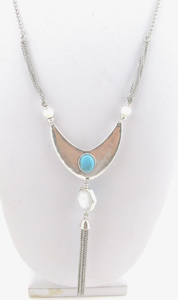 Lucky BRAND Silver White Blue Stone Chain Tassel Reversible Necklace Jwel0531