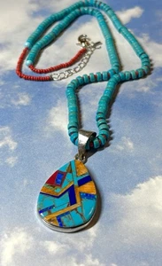 BIG Navajo Sterling Silver Opal Lapis Coral Pendant Turquoise Necklace SIGNED - Picture 1 of 4