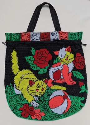 Bolso de Hombro Vintage Años 70 Con Cuentas Neón Dos Gatitos Floral Hecho en Hong Kong Foto 1 de 4