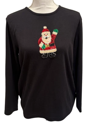 Camisa negra Mercer Street Studio para mujer talla grande manga larga con cuentas lentejuelas Santa’s Foto 1 de 4
