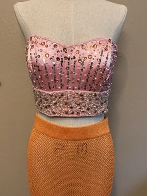 Женский розовый оранжевый атласный блестками бисером корсет без бретелек бюстье верхний размер 4 - Изображение 1 из 4