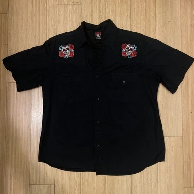 Camisa negra para hombre Lucky 13 bordada calaveras de azúcar con botones: talla grande, rara Foto 1 de 4