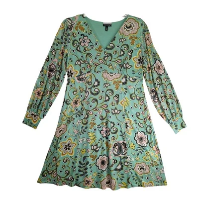 Allison Brittney Green Floral Paisley Dress Sz L Sheer Overlay Wrap-V Neckline - Image 1 of 4