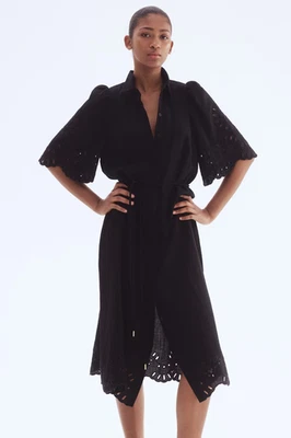 Mujer H&M Vestido Camisa Negro con Ojales Bordados Media Mangas Midi S Nuevo con Etiquetas Foto 1 de 4