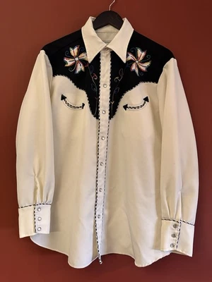 H Bar C Embroidered Polyester Pearl Snap LS Western Shirt White/Black  15 1/2 44 - Image 1 of 4