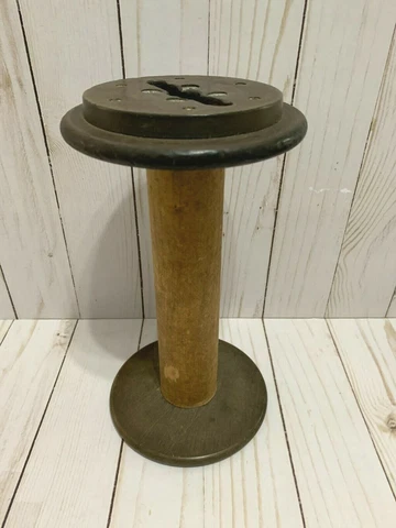 Vintage Antique Large Wood & Metal Industrial Bobbin Spindle Spool Textile Cover