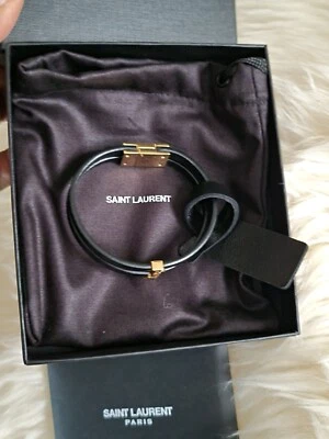 YSL Saint Laurent Cassandre Pulsera Doble Hilo en Cuero Negro - NUEVO Foto 1 de 4