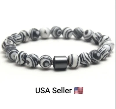 Charm Natural Stone Bracelet Hematite Elastic 8mm Beaded Bracelets Handmade B&W - Image 1 of 4