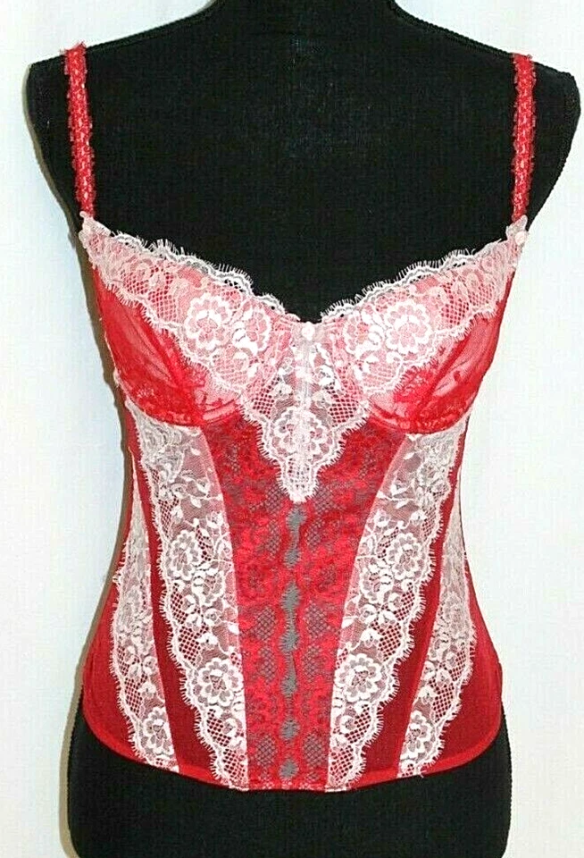CORSET OVER BUST TANK 34B RED & WHITE LACE PADDED HOOK & EYE SPAGHETTI STRAP - Image 1 of 4