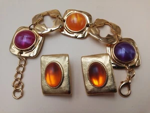 Bijoux vintage bracelet et clips d'oreilles à cabochons - Picture 1 of 5