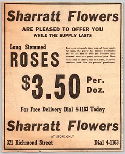 PRINT AD Sharratt Flowers 1953 London Ontario ON Florist Richmond Street Small - Picture 1 of 1