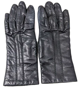 Vintage Fownes Black Leather Driving Gloves Womens Size 6.5 Acrylic knit lined - Picture 1 of 3