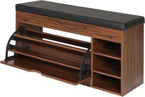 ELECWISH Entryway Shoe Organizer Bench with Flip Up Drawers Cushioned Seat Brown - Picture 1 of 7