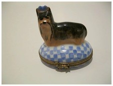 Vintage Limoges Yorkshire Terrier on a Blue Checked Box Hand Painted Signed