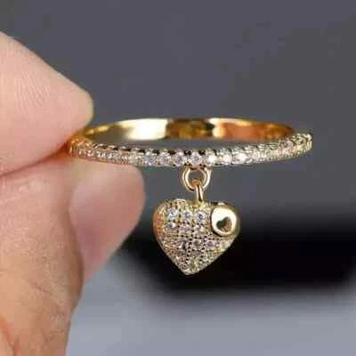 14K Yellow Gold Plated Silver 2.80Ct Simulated Diamond Heart Dangle Wedding Ring - Image 1 of 3