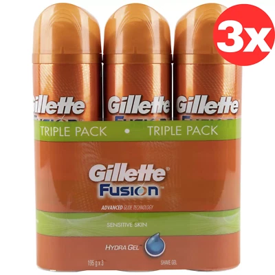 3 x Gillette Fusion Shaver Gel Hydra Sensitive Skin  Mens Shaving 195g - image 1 of 4