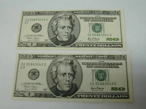 2001 $20 DOLLAR BILL FEDERAL RESERVE NOTE UNCIRCULATED (2) CONSECUTIVE NUMBERS - Picture 1 of 2