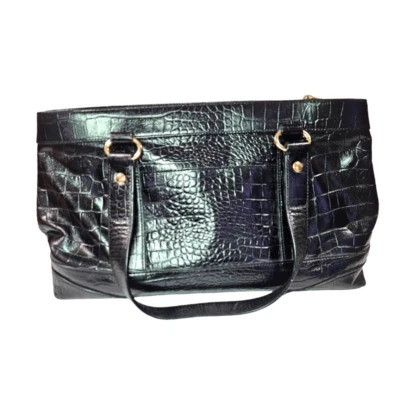Bolsa satchel vintage Monsac grande couro preto em relevo estrutura de crocodilo - Imagem 1 de 4