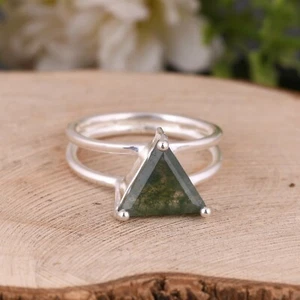 Double Band Sterling Silver Triangle Ring With Moss Agate For Healing Meditation - Picture 1 of 5