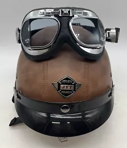JYT Jieyuete Brown Leather Helmet with goggles size Medium Anti-Fog Lens NEW - Picture 1 of 11