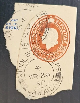 Jamaica 1960 preimpreso sello 2D en pieza CD cuartos medios Foto 1 de 2